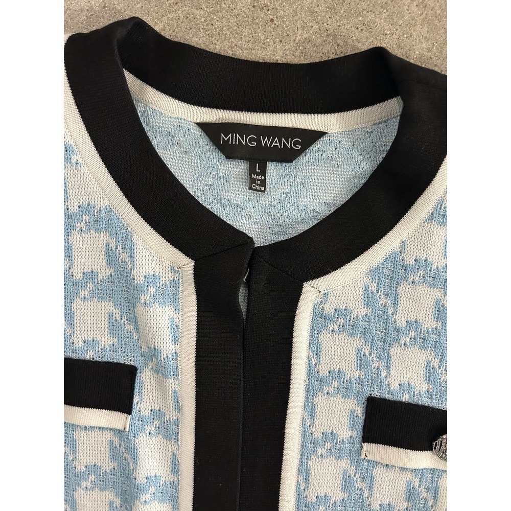 MING WANG Jacket Houndstooth Knit Sky Baby Blue Black White & Tank SZ L - Picture 4 of 13